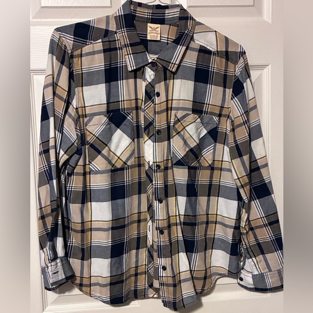 Faded Glory Navy and Tan Plaid Button-Down Shirt
